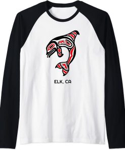 Elk, California Native American Orca Killer Whales Gift Raglan Baseball Tee