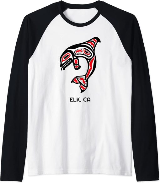 Elk, California Native American Orca Killer Whales Gift Raglan Baseball Tee