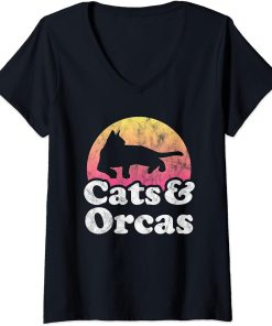 Womens Cats and Orcas Men"s or Women"s Cat and Orca V-Neck T-Shirt