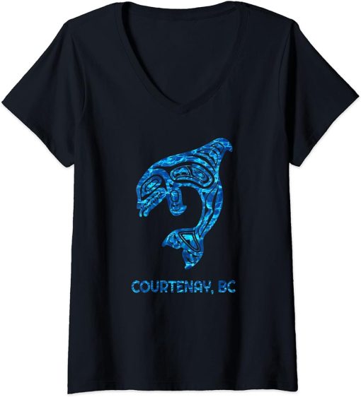 Womens Blue Courtenay British Columbia Native Orca Killer Whale V-Neck T-Shirt