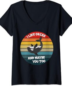 Womens Orca Killer Whale Retro I Like Orcas and Maybe you too V-Neck T-Shirt