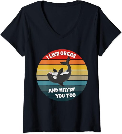 Womens Orca Killer Whale Retro I Like Orcas and Maybe you too V-Neck T-Shirt