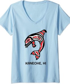 Womens Kaneohe HI Native Aboriginal Orca Killer Whales V-Neck T-Shirt