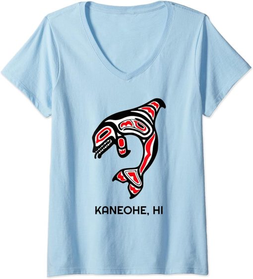 Womens Kaneohe HI Native Aboriginal Orca Killer Whales V-Neck T-Shirt