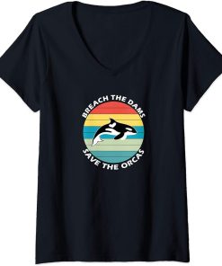 Womens Retro Vintage Killer Whale | Breach The Dams Save The Orcas V-Neck T-Shirt